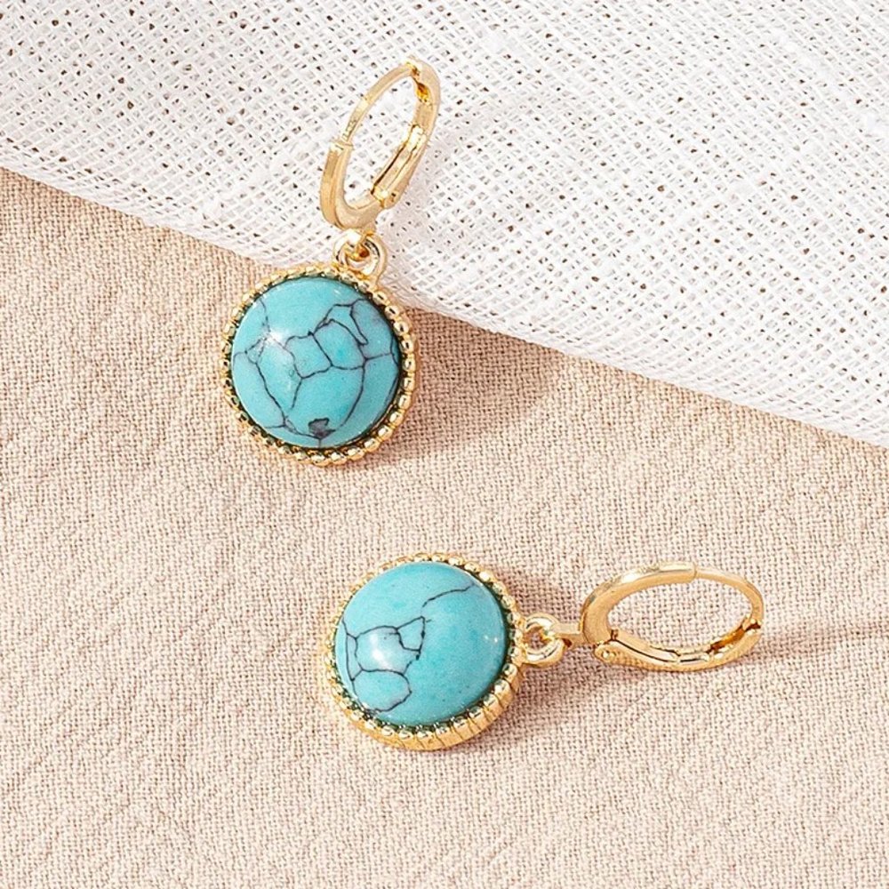 Western Southwestern Gold & Turquoise Round Boho Huggie Earrings NEW - Picture 6 of 6